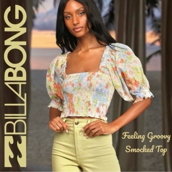 BILLABONG‎ Feeling Groovy Smocked Cropped Puff Sleeve Floral Print Top LG - Picture 2 of 15